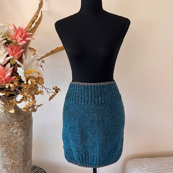 Y2K Glitter Knit Teal Aqua Blue and Silver Fitted Tube Top / Mini Skirt One Size - Picture 3 of 7